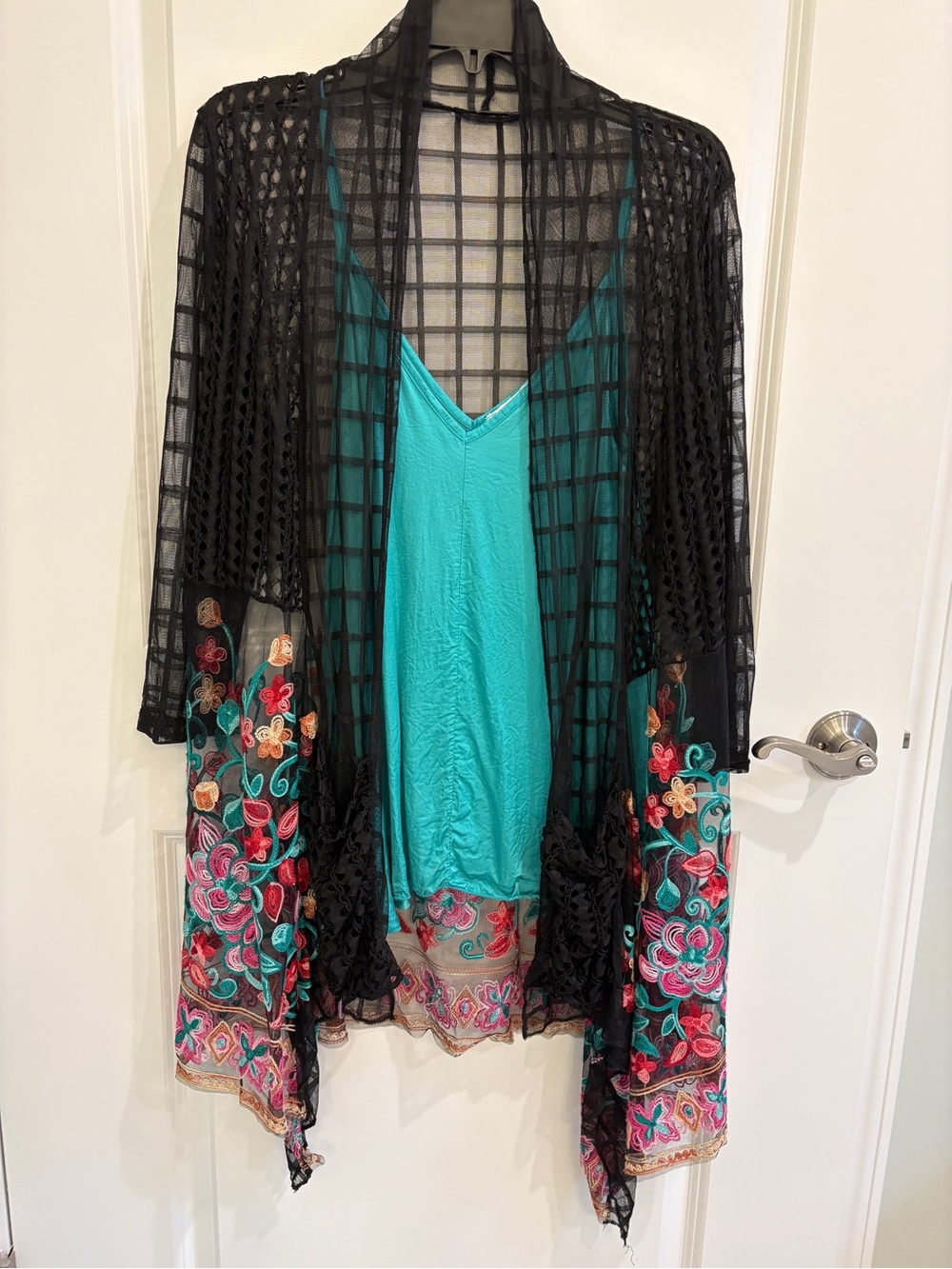 Radzoli Black Sheer Grid Cover-Up with Teal Camisole